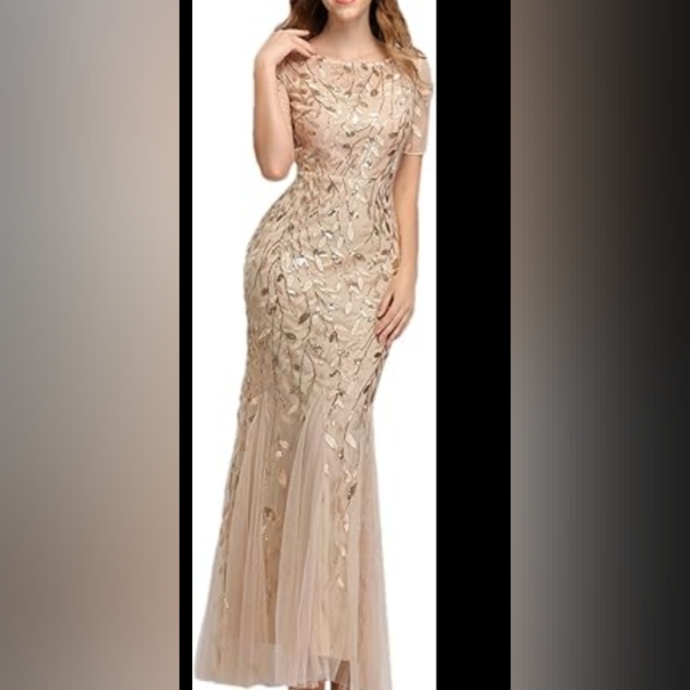 NWT LARGE Elegant Peach Gold Sequin Gown with Gold Accents